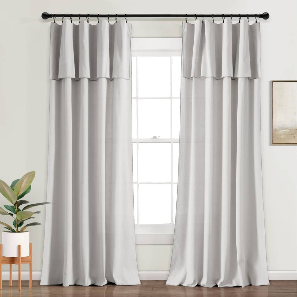 Lush Decor Modern Faux Linen Embroidered Edge With Attached Valance Window Curtain Panels Set