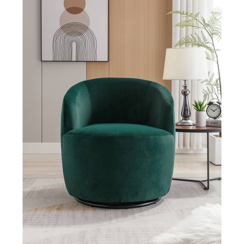 Velvet Swivel Barrel Chair with 360° Black Metal Base