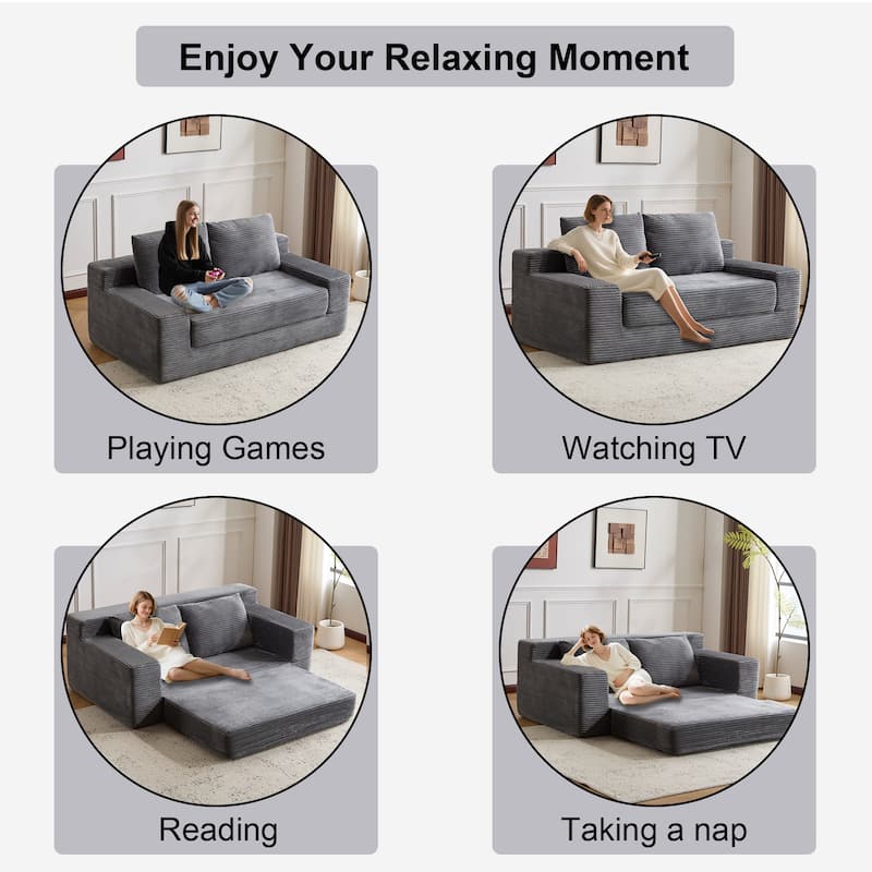 Floor Corduroy Deep Seat Loveseat Sofa with Folding Mattress Convertible Sleeper Sofa Bed with Reversible Cushion and Pillows
