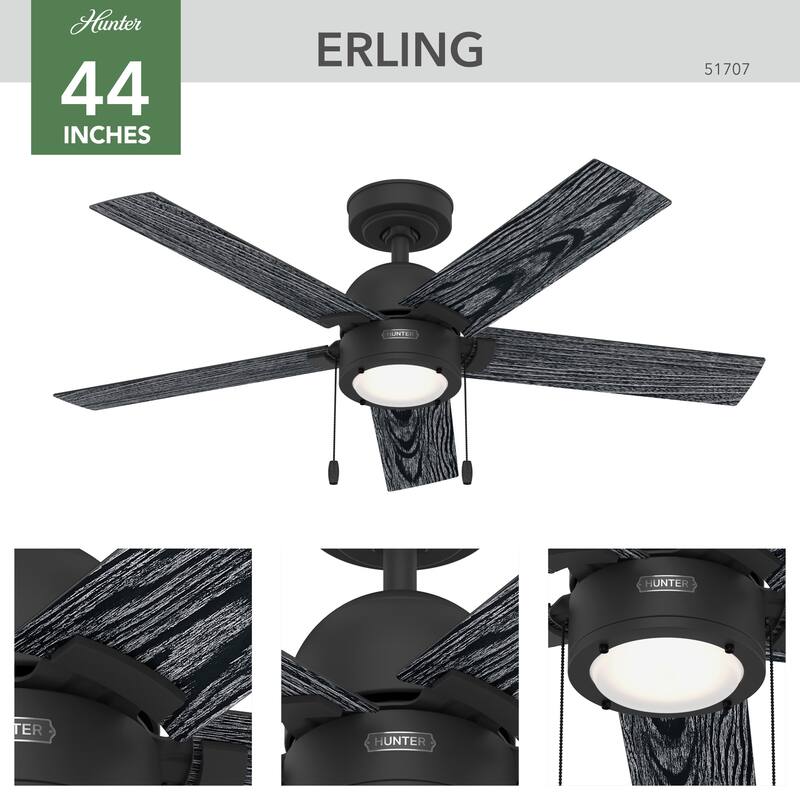 Hunter Erling Ceiling Fan with LED Light Kit and Pull Chain - Modern Rustic, Transitional