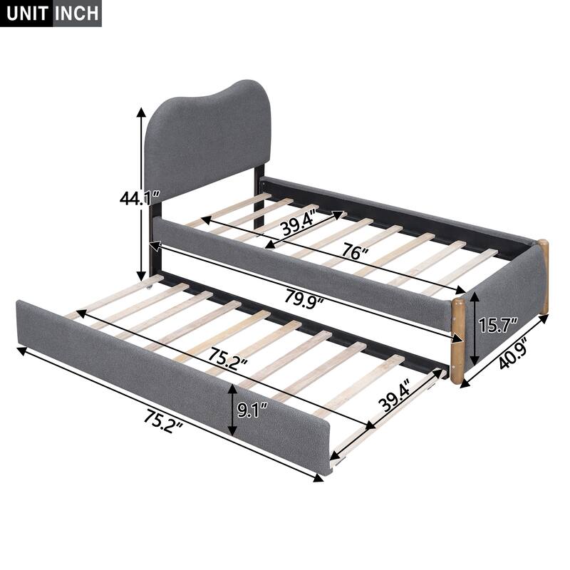 Twin Size Upholstered Platform Bed Frame with Trundle and Wood Supporting Feet, No Box Spring Needed, Bedroom Furniture