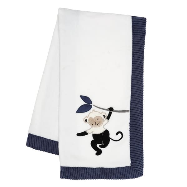 slide 2 of 7, Lambs & Ivy Jungle Party White/Navy Monkey Soft Fleece Baby Blanket