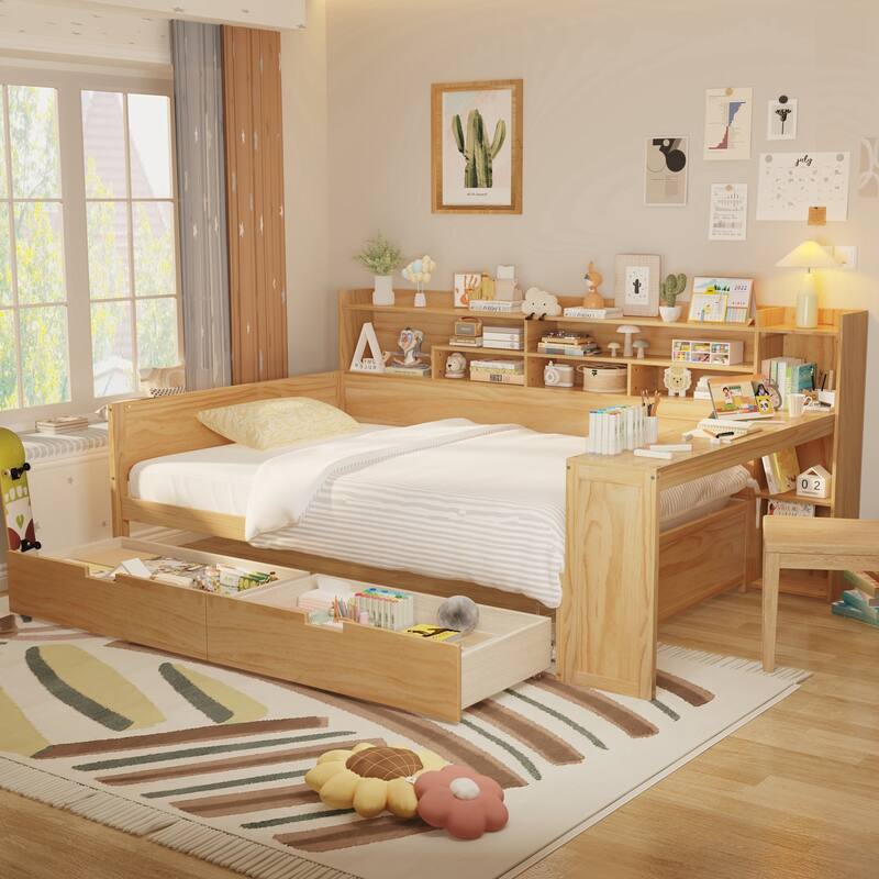 Full Size Daybed with Storage Shelves, Multi-functional Bed with Two Storage Drawers and Study Desk