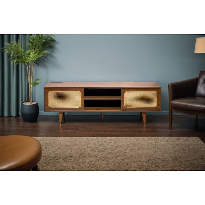 Rattan TV Stand for 55/60/65 inch TV,Entertainment Cabinet,Media Console,Solid Wood Feet & Rattan Cabinet Doors(Walnut, 59")