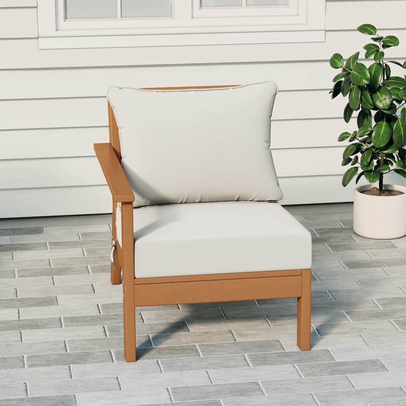 Birchwood All Weather HDPE Outdoor Patio Deep Seating Teak Left Arm Facing Chair With Cushions (1-Piece)