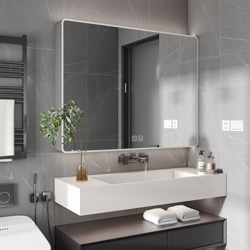 Silver Glass LED Bathroom Medicine Cabinet with Defogger and Shelves - 35.4” W x 5.9" D x 27.6" H