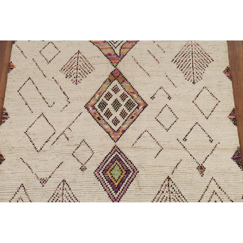 Ivory Moroccan Oriental Area Rug Handmade Tribal Wool Carpet - 5'0"x 8'8"