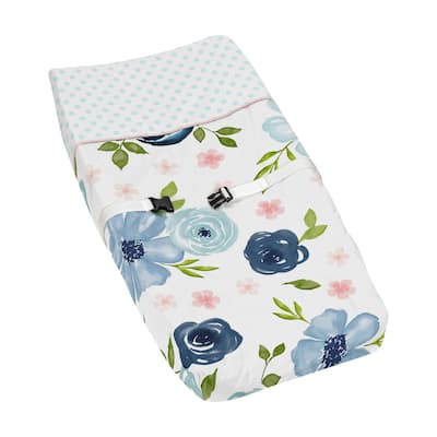 Navy Blue Pink Watercolor Floral Girl Changing Pad Cover - Blush Green White Shabby Chic Flower Polka Dot