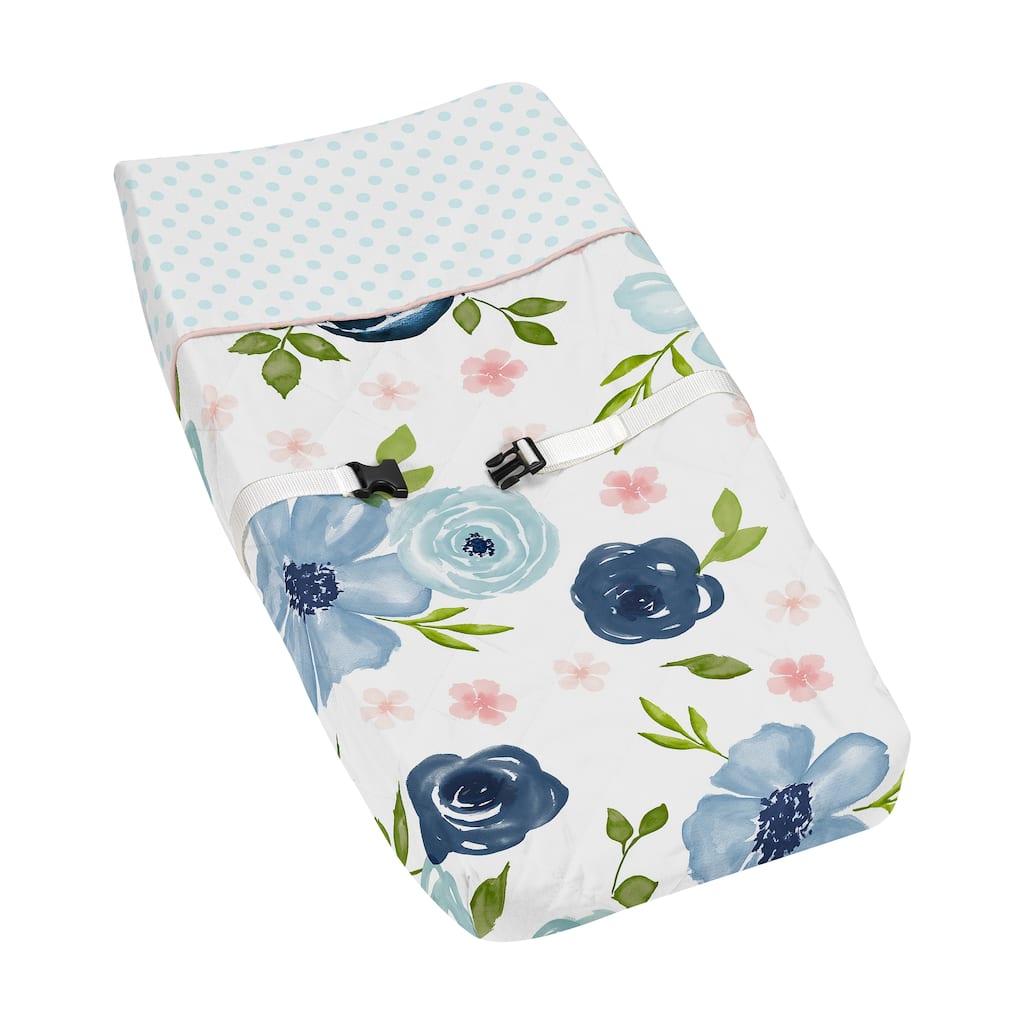 Navy Blue Pink Watercolor Floral Girl Changing Pad Cover - Blush Green White Shabby Chic Flower Polka Dot