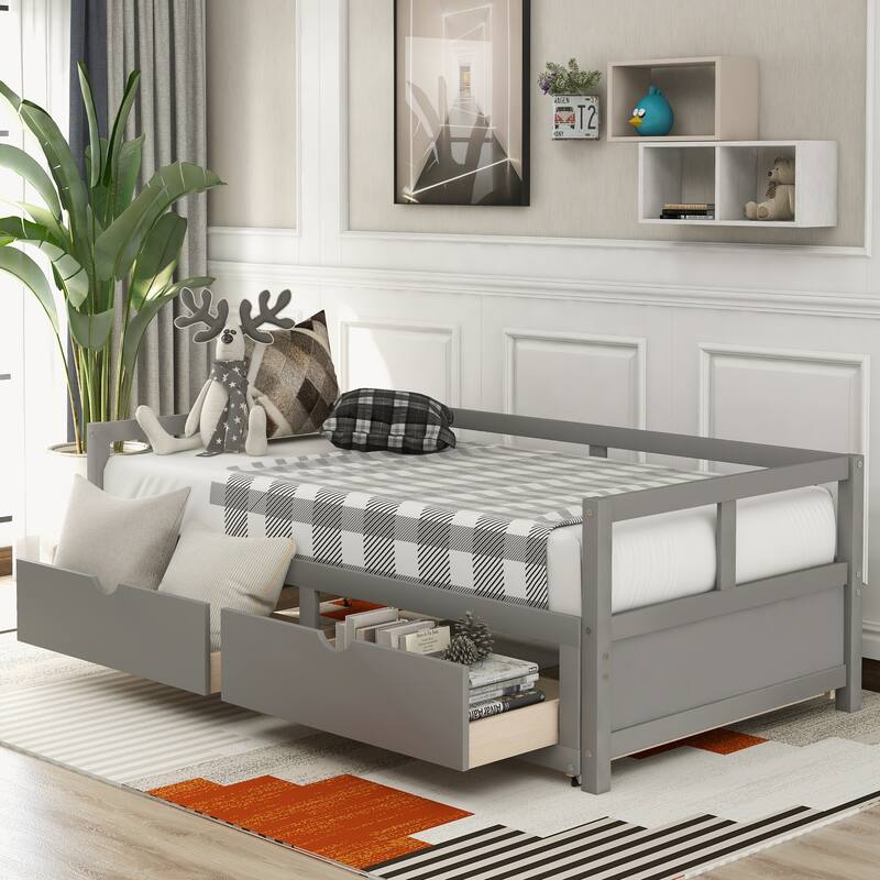 Pine Wood Daybed with Pull-Out Trundle and Two Storage Drawers, Twin to King