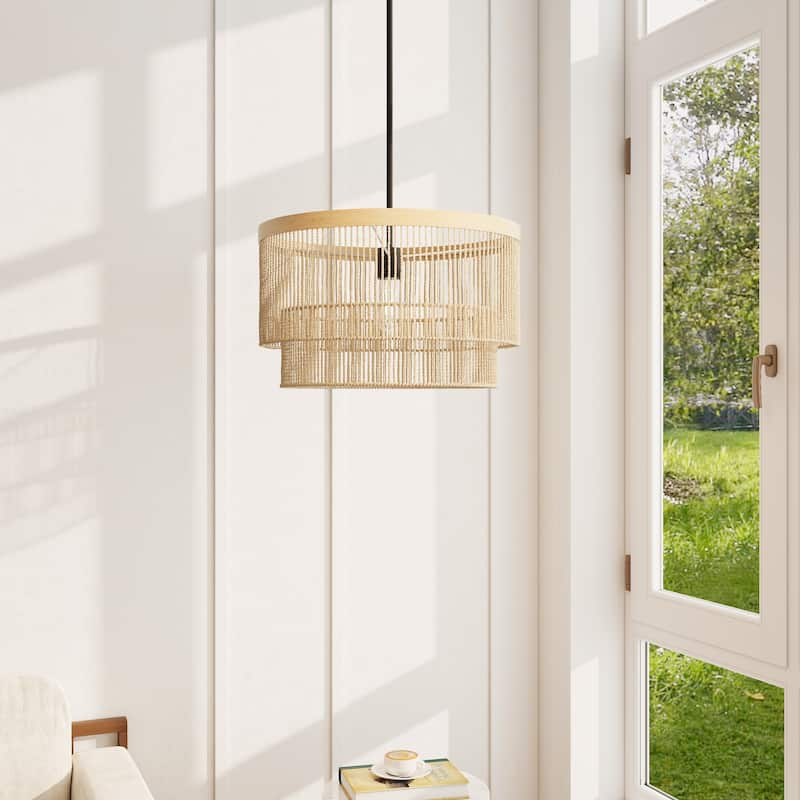 Traditional Rattan Chandelier Pendant Light With Wood Finish Band
