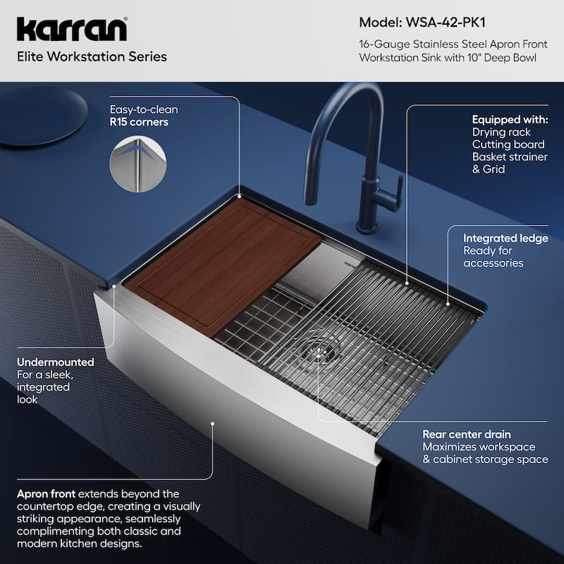 Karran Elite WSA-42-PK1 Apron Front Farmhouse 30" Single Bowl Stainless Steel Workstation Sink