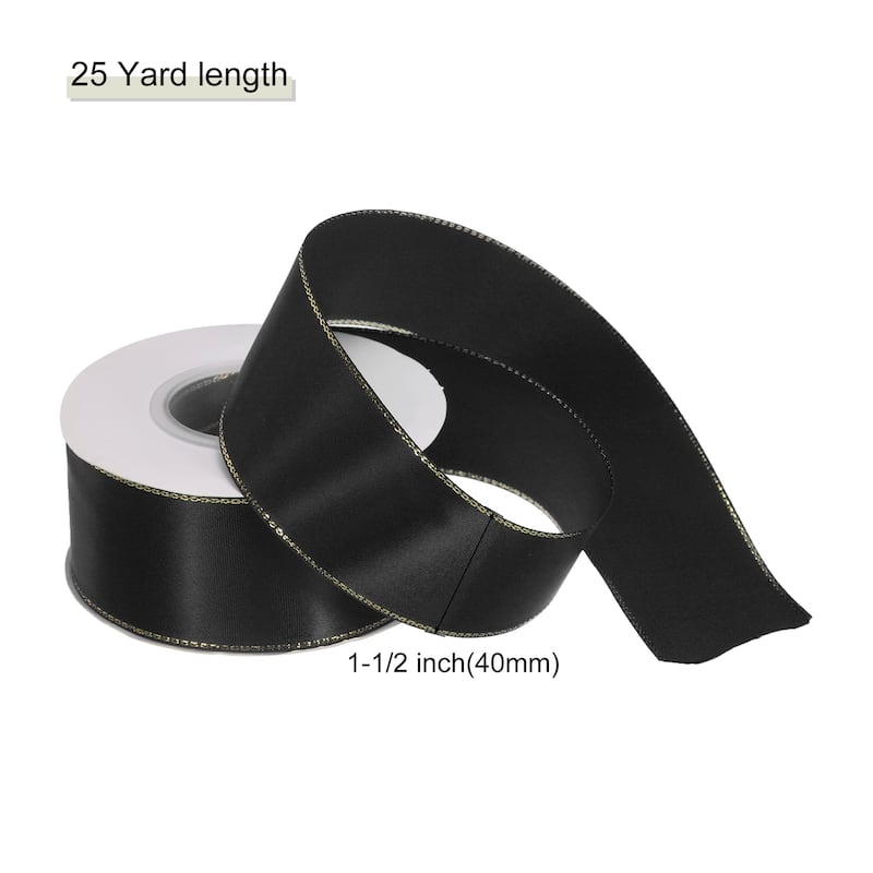 Satin Ribbon with Gold Edges Border Grosgrain Fabric Ribbon for Decor - Black - 1 1/2 Inch x 25 Yard