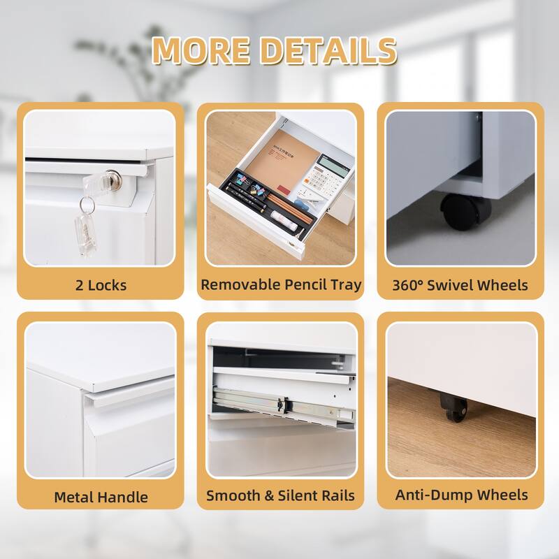 Filing Cabinets for Home Office Organizer , 3 Drawer Mobile File Cabinet with Lock & Anti-Tip Wheel,Under Desk Metal