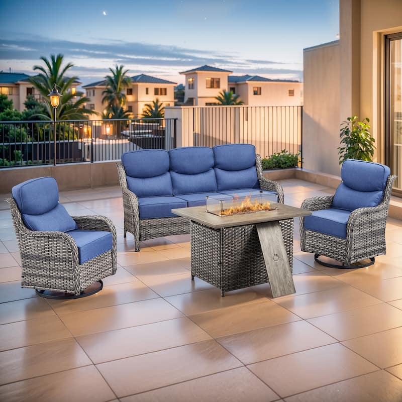 Pocassy 4PCS Outdoor 6Inch Sofa Swivel Chair w/ Fire Pit Table - Blue cushion - Gray Wicker
