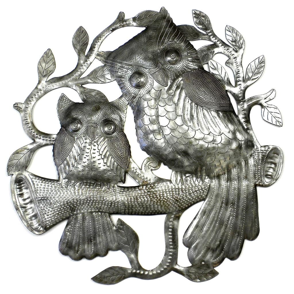 Handmade Pair of Owls on Perch Metal Wall Art (Haiti)
