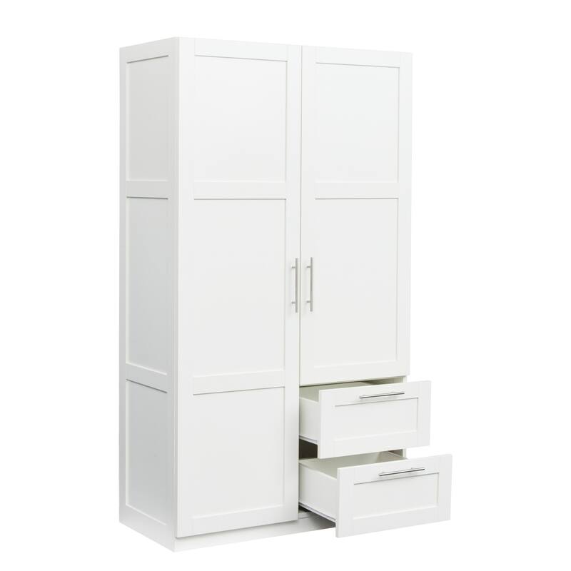 Roomfitters Tall Wardrobe & Kitchen Cabinet, 2-Door 2-Drawer Storage Organizer with 5 Shelves, White