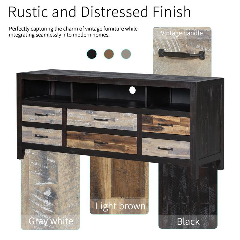 64" Distressed Wood TV Stand, 6 Drawer Storage & 3 Shelves, Cable Management - Farmhouse Style