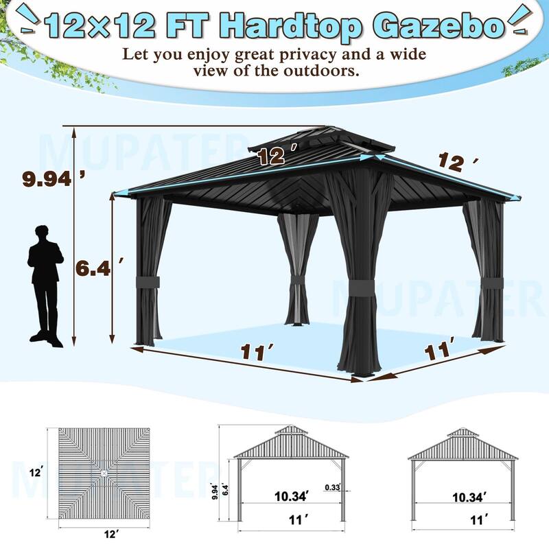 VEIKOUS Aluminum Double Hardtop Gazebo Pergola for Patio, Lawn, and Garden with Removable Curtains and Netting