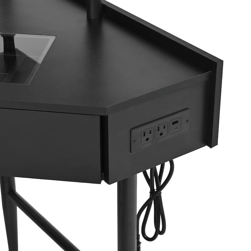 Triangle Makeup Desk with Removable Pull-Out Side Cabinet, Glass Tabletop Makeup Vanity with Drawer and Shelf