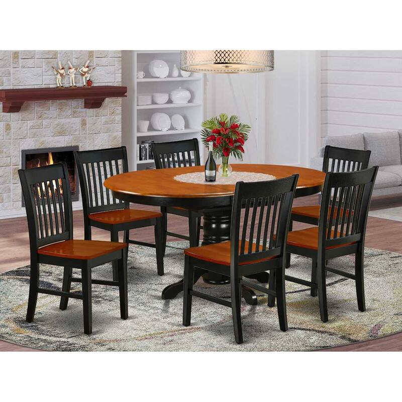 HomeStock 7-Piece Oval Black & Cherry Finish Solid Wood Top Dining Table with 6-Chairs with Lattice Back