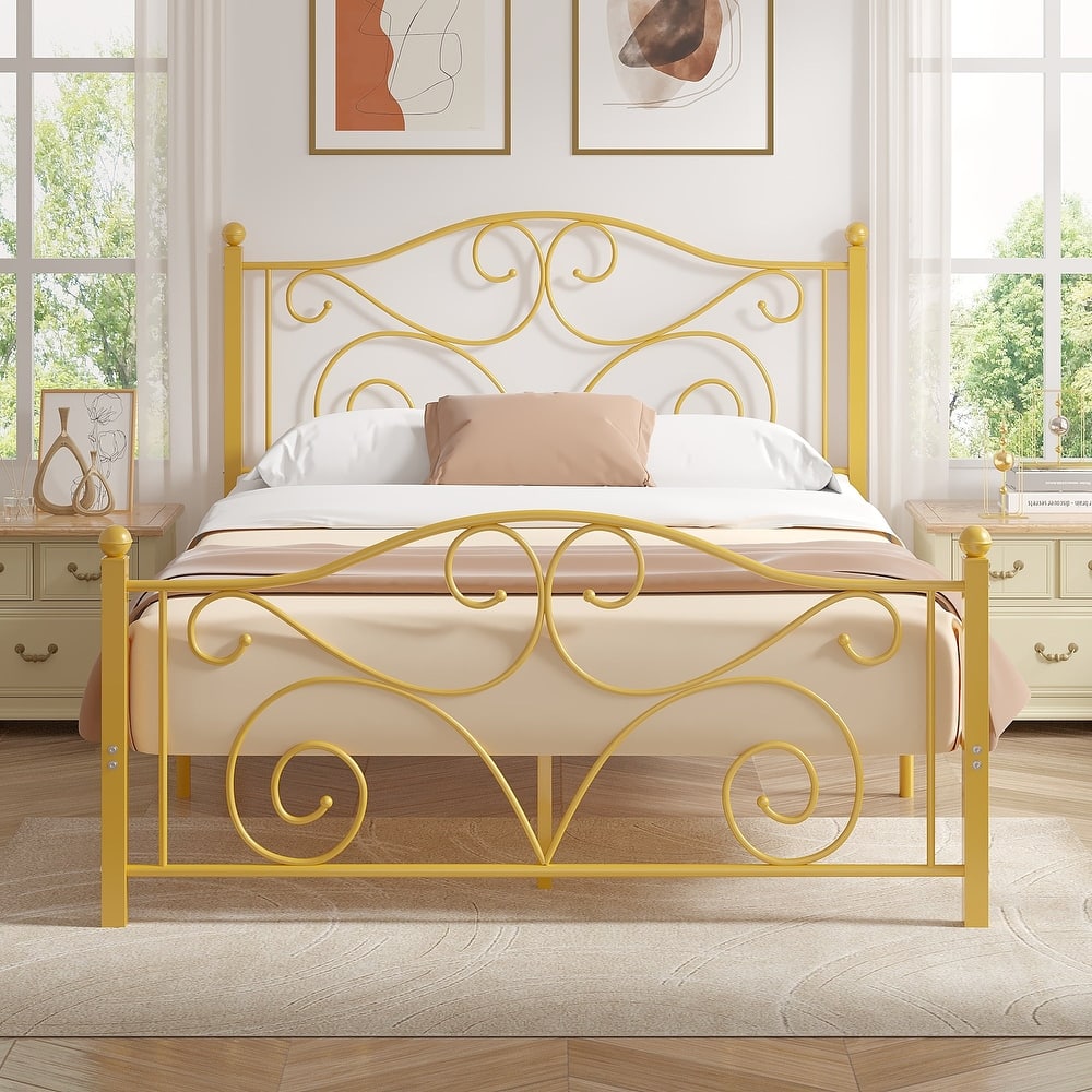 Victorian Style Metal Bed Frames with Headboard,No Box Spring Needed