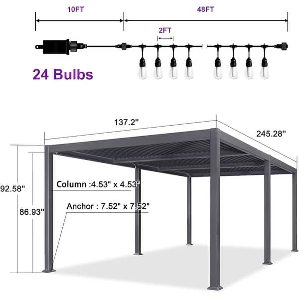 dimension image slide 15 of 36, PURPLE LEAF Outdoor Louvered Pergola with Adjustable Metal Roof for Patio Pergola