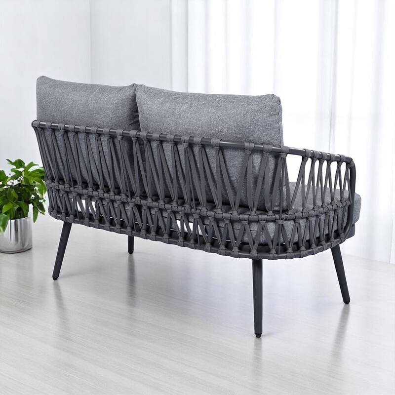 4-Piece Outdoor Conversation Set with Woven Rope U-Shaped Backrest, Acacia Wood Coffee Table, Water-Repellent Cushions