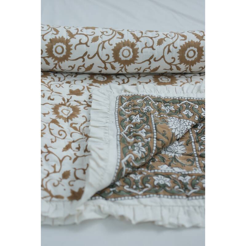 Fabdivine Luxury Hand Block Print Cotton Quilt Floral Boho Bedding for Bedroom & Sofa, Mustard, Handmade Reversible Bedspread