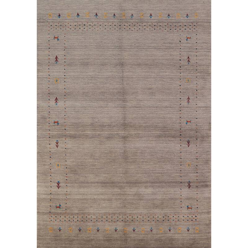 Contemporary Gabbeh Rug Hand-Knotted Beige Modern Wool Carpet - 5'3" x 7'8"