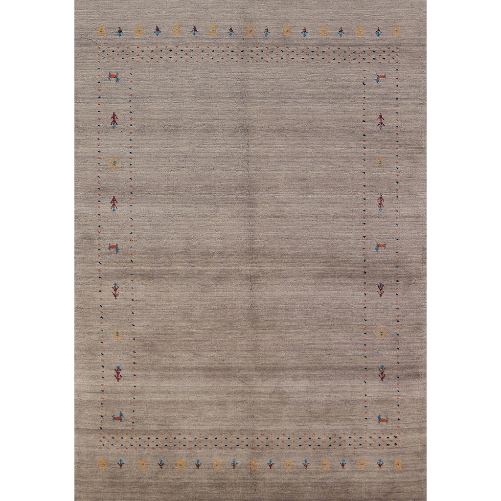 Contemporary Gabbeh Rug Hand-Knotted Beige Modern Wool Carpet - 5'3" x 7'8"