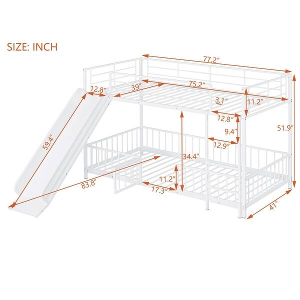 White Twin over Twin Size Metal Bunk Bed with Slide and Guardrails for Kids