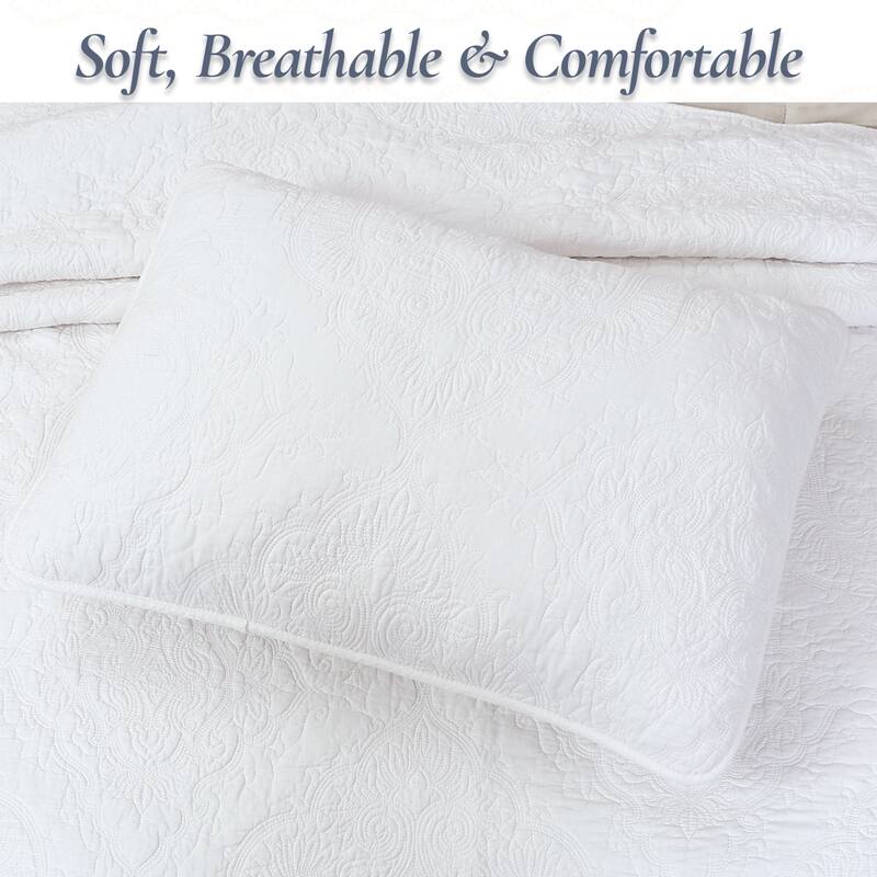 Cozy Line Classic Orient Damask Medallion Stitch Solid White Cotton 3 Piece Reversible Quilt Bedding Set