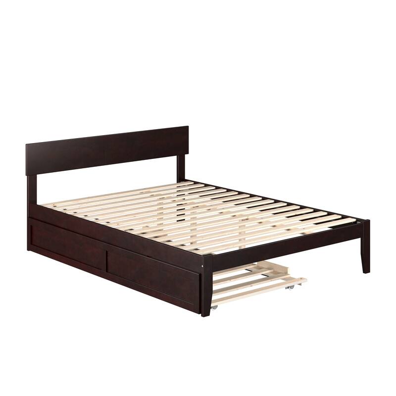 Twin XL Bed with Trundle - HomeStock Espresso Finish - Modern Panel Headboard - Durable Wood Frame