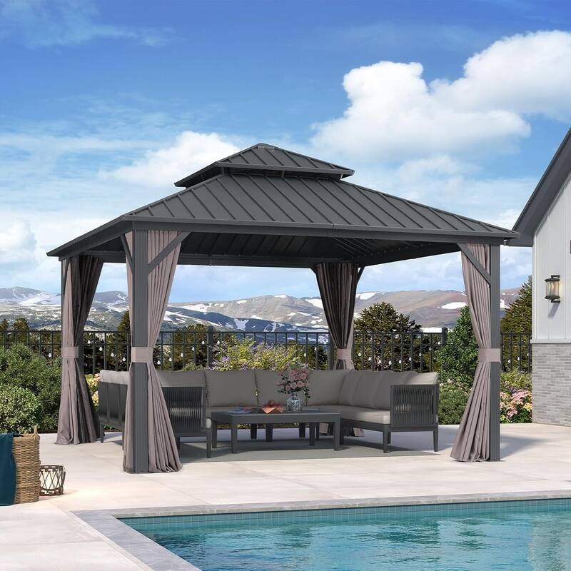 PURPLE LEAF 10x12 Outdoor Galvanized Steel Hardtop Gazebo, Aluminum Frame Gazebo With Curtains - 12' x 12' - Basic version