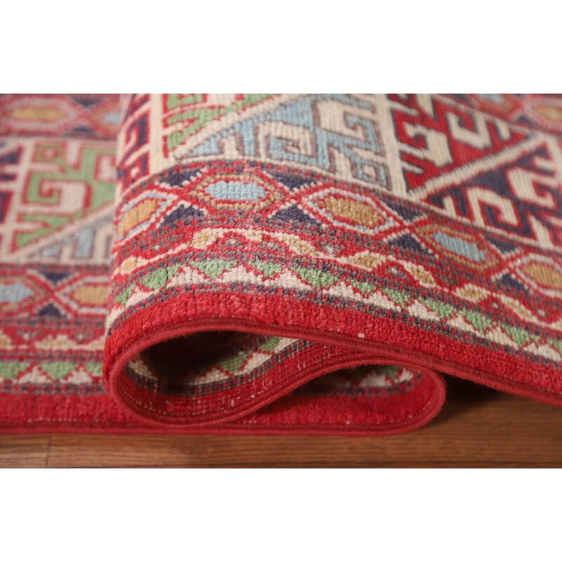 Hand Knotted Oriental 100% Wool Carpet Traditional Geometric Red Kazak Area Rug - 10' 5'' X 6' 6''