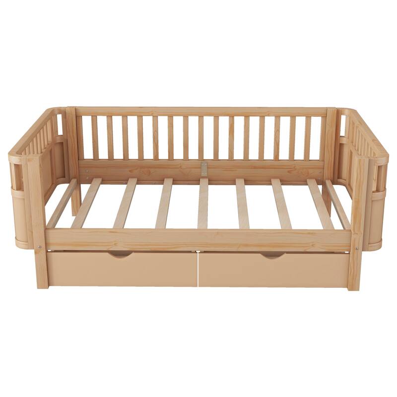 Twin Size Wood Platform Bed for Kids, Wood Low Profile Twin Bed with Rails for Girls and Boys