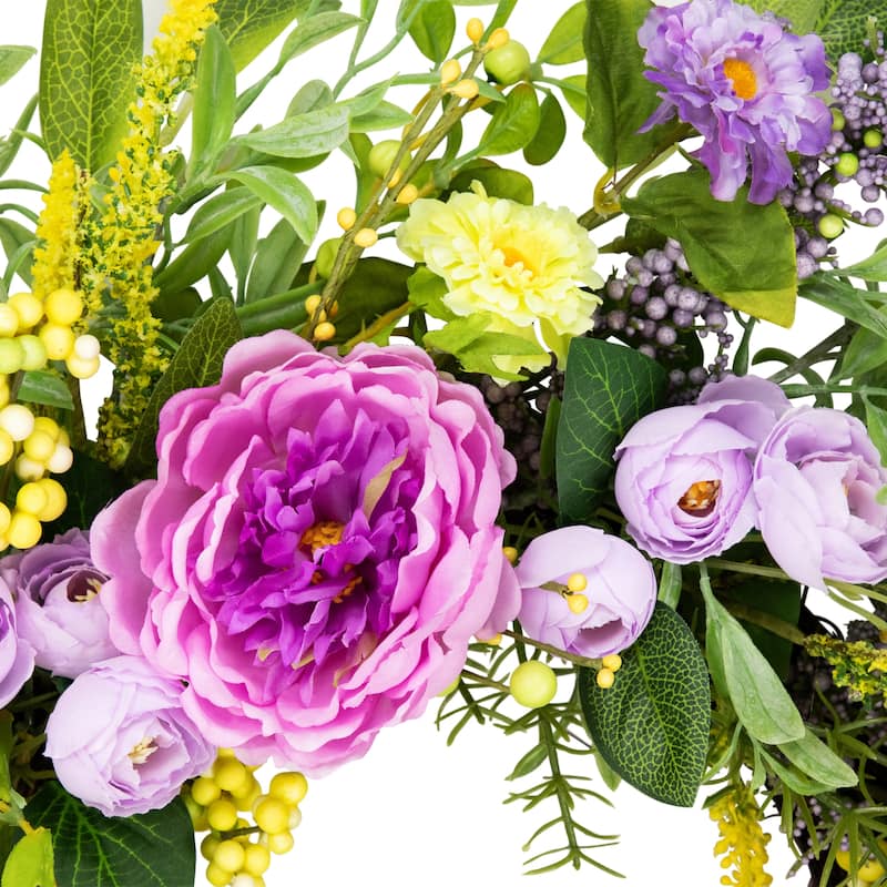 Peony Mixed Floral Springtime Wreath - 24" - Purple and Yellow