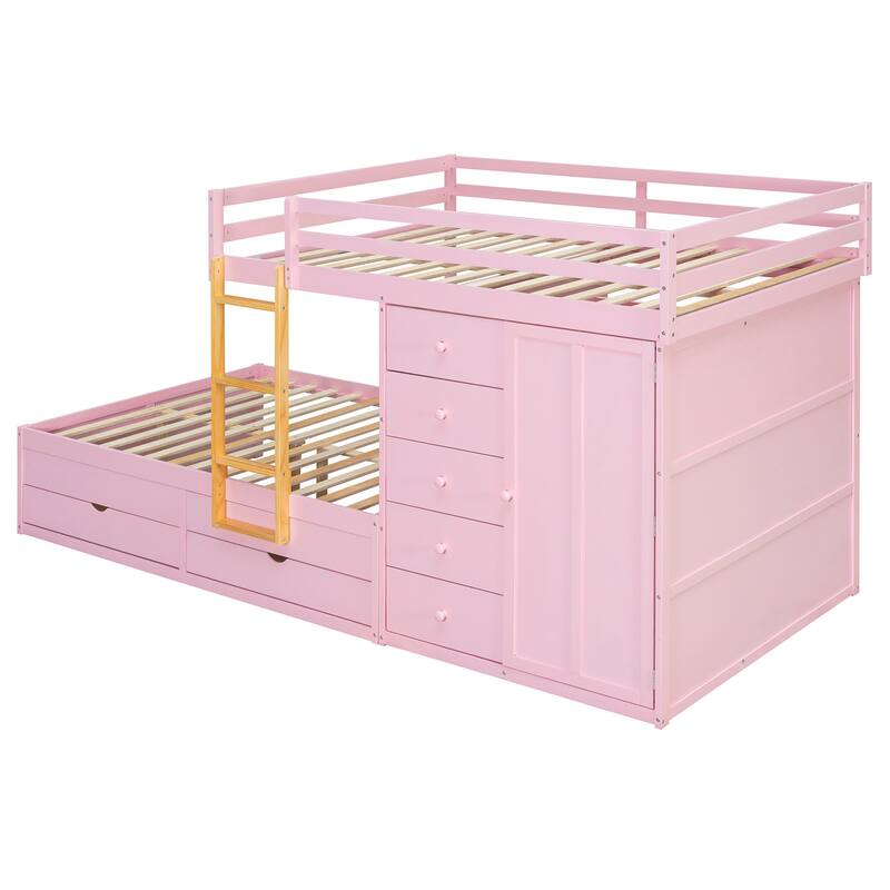 Full Size Bunk Bed with Storage - 2 Large & 5 Small Drawers, Small Wardrobe, MDF & Solid Wood