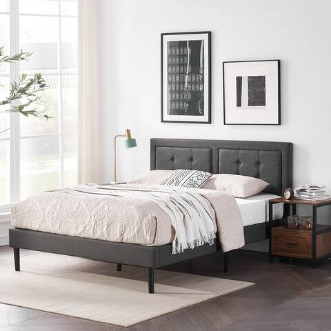 VECELO Upholstered Bed with Adjustable Headboard,Dark Grey