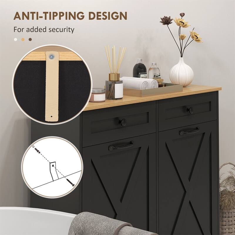 Black Tilt-Out Laundry Cabinet with Dual Hampers & Top Drawers MDF, Compact, Multi-Use - 39.4" L x 13" W x 35.4" H