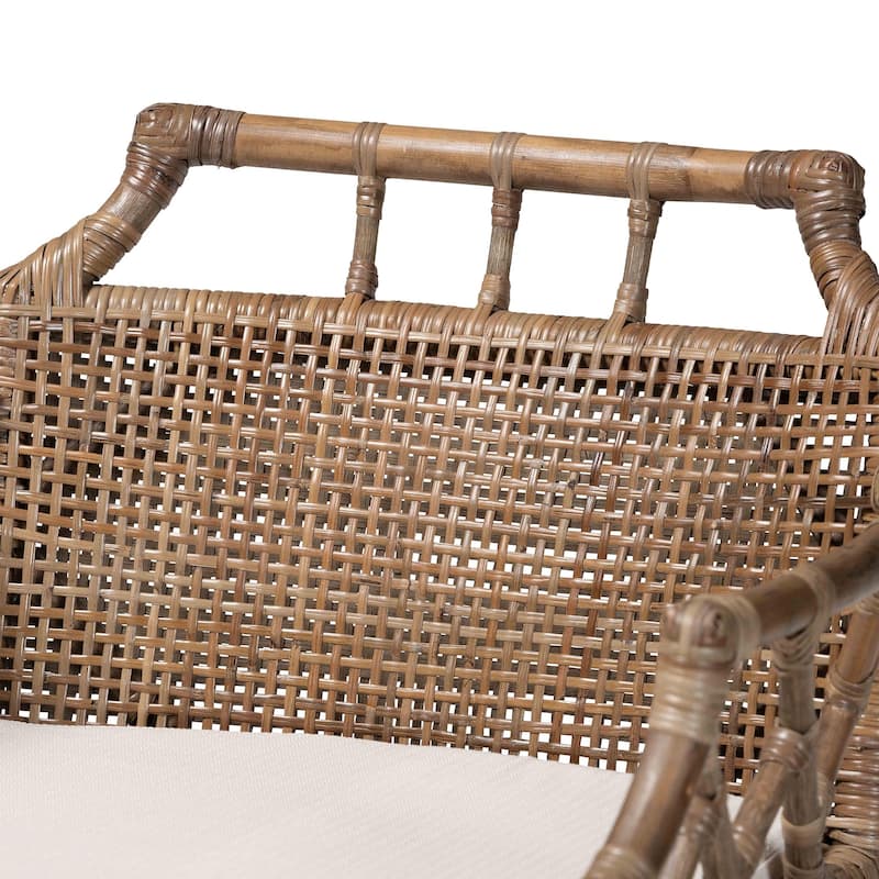 Abiel Natural Rattan Counter Stool with Arms and Removable Cushion - Handwoven Wicker Stool with Mahogany Wood Frame