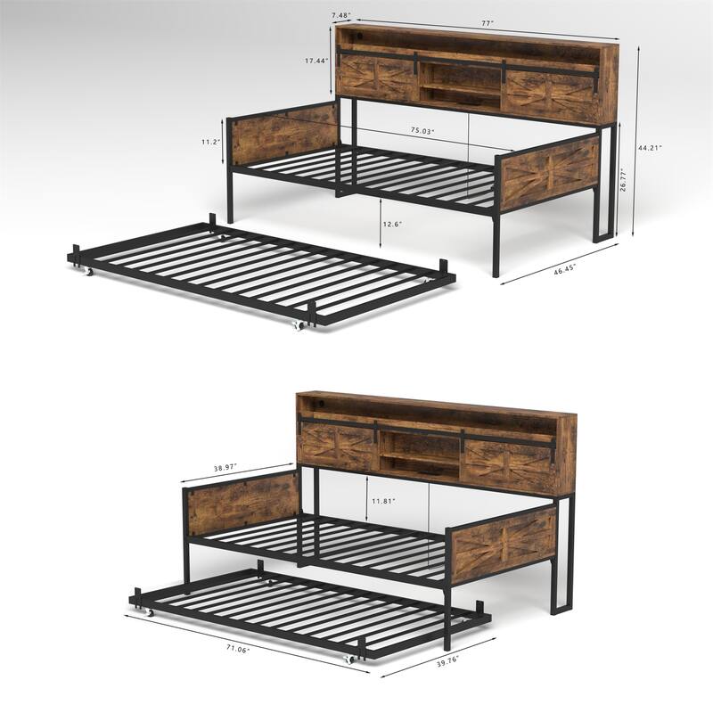 Twin Size Daybed with Trundle,Sliding Door Headboard,Charging Station