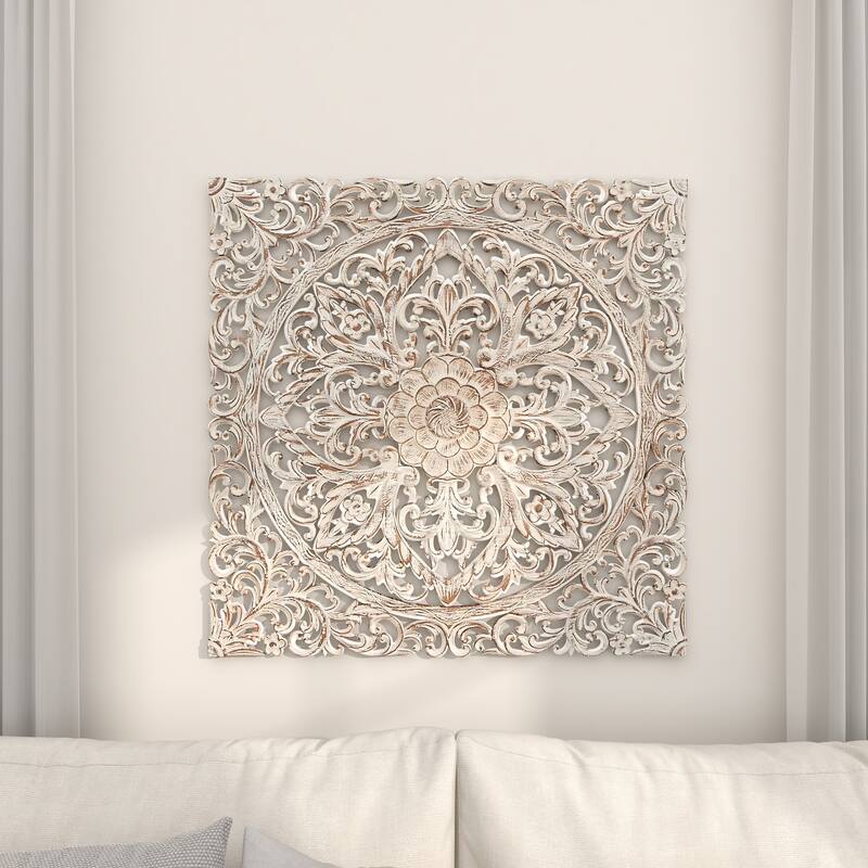 White Wood Handmade Intricately Carved Mandala Floral Home Wall Decor with Brown Distressing