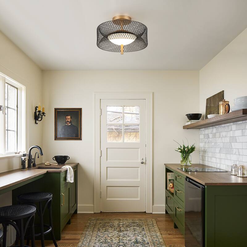 Matte Black Gold LED Flush Mount Ceiling Light with Reticulate Frame - 1