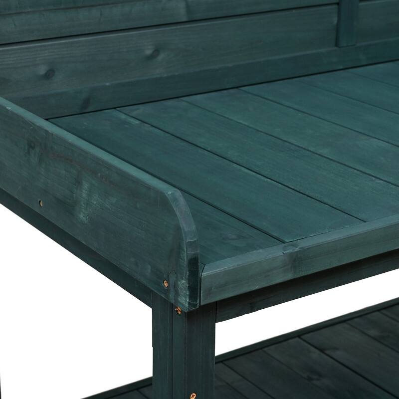 65" Large Wooden Farmhouse Rustic Outdoor Potting Bench Table, Patio Workstation with 4 Storage Shelves and Side Hook