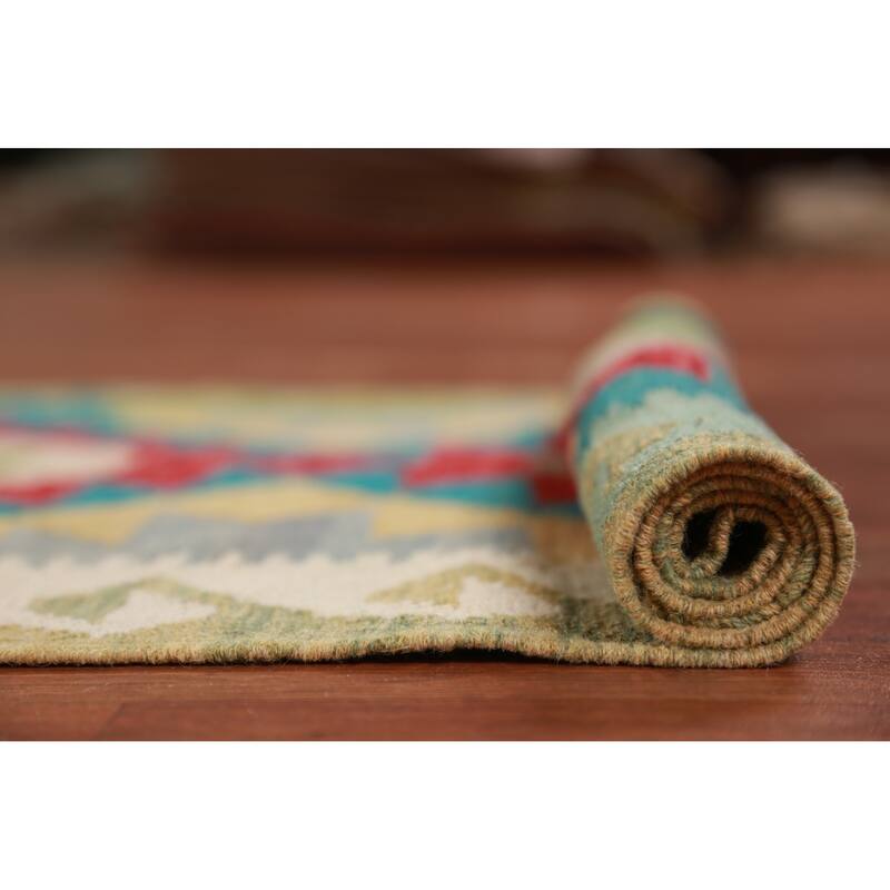 Hand Woven Oriental 100% Wool Carpet Southwestern Geometric Multi-Colored Kilim Runner Rug - 15' 11'' X 2' 7''