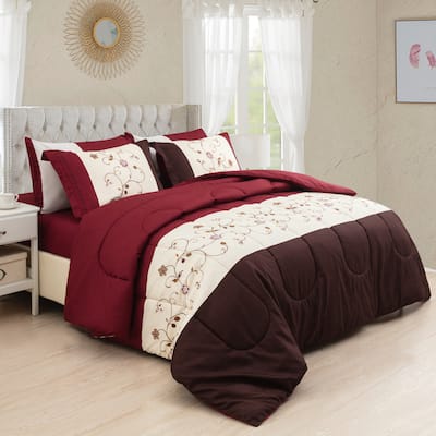 Bed in a Bag Soft Fluffy Goose Down Alternative Printed Comforter Set Includes Sheet Set, Modern Burgundy Cosmos Floral Pattern