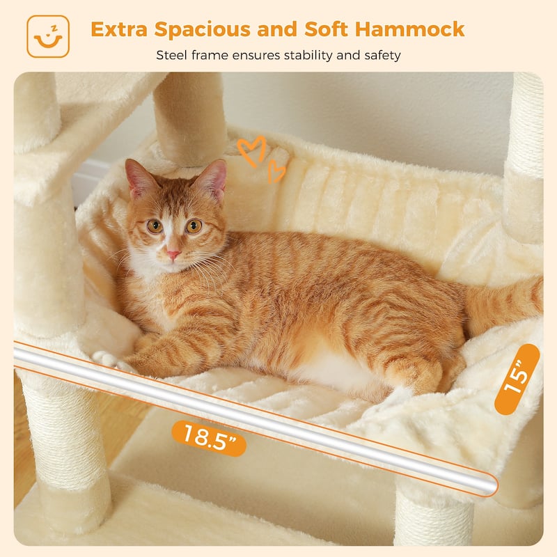 64.5" Cat Tree with Sisal-Covered Scratching Posts, 2 Padded Perch, Dual Condo and Basket