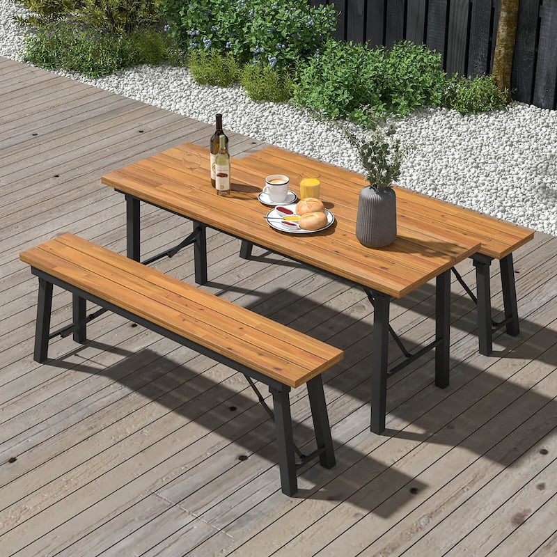 Gymax Patio Folding Picnic Table Acacia Wood Dining Table w/ Metal